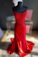 Sheath Strapless Corset Satin Prom Dress with Slit