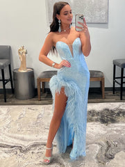 Sheath Strapless Sequin Prom Dresses With Slit