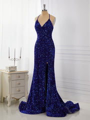 Sheath Velvet Sequins V-neck Sweep Train Dress