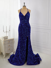 Sheath Velvet Sequins V-neck Sweep Train Dress