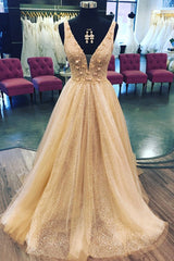 Shiny A Line V Neck Champagne Floral Sequin Long Tulle Prom Dresses,Wedding Party Dresses