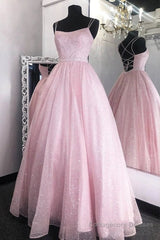 Shiny Backless Pink Sequins Long Prom Dress, Pink Formal Evening Dress, Sparkly Ball Gown