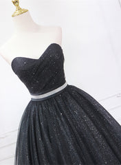 Shiny Black Sweetheart Tea Length Tulle Prom Dresses, Black Evening Dresses Homecoming Dresses