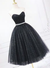 Shiny Black Sweetheart Tea Length Tulle Prom Dresses, Black Evening Dresses Homecoming Dresses