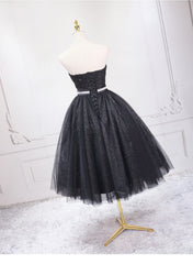 Shiny Black Sweetheart Tea Length Tulle Prom Dresses, Black Evening Dresses Homecoming Dresses