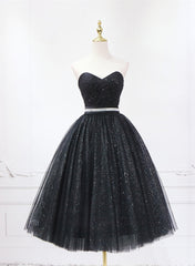 Shiny Black Sweetheart Tea Length Tulle Prom Dresses, Black Evening Dresses Homecoming Dresses