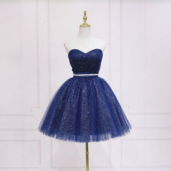 Shiny Blue Tulle Sweetheart Homecoming Dresses Party Dresses, Navy Blue Short Prom Dresses