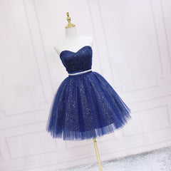 Shiny Blue Tulle Sweetheart Homecoming Dresses Party Dresses, Navy Blue Short Prom Dresses