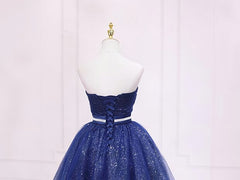 Shiny Blue Tulle Sweetheart Homecoming Dresses Party Dresses, Navy Blue Short Prom Dresses