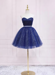 Shiny Blue Tulle Sweetheart Homecoming Dresses Party Dresses, Navy Blue Short Prom Dresses