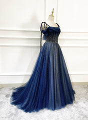 Shiny Navy Blue Tulle Straps Long Prom Dresses Party Dresses, A-line Beaded Prom Dresses