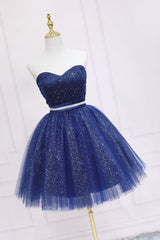 Shiny Navy Blue Tulle Sweetheart Homecoming Dresses Blue Prom Dresses prom Dresses shops