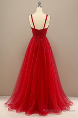 Shiny Sweetheart Neck Red Tulle Beaded Long Prom Dresses, Open Back Red Tulle Formal Graduation Evening Dresses