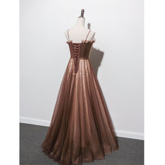 Shiny Tulle Beaded Long Straps Floor Length Party Dresses, A-line Prom Gown