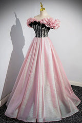 Shiny Tulle Long A-Line Pink Corset Prom Dresses, Off the Shoulder Evening Party Dresses