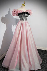 Shiny Tulle Long A-Line Pink Corset Prom Dresses, Off the Shoulder Evening Party Dresses