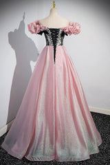 Shiny Tulle Long A-Line Pink Corset Prom Dresses, Off the Shoulder Evening Party Dresses