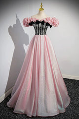 Shiny Tulle Long A-Line Pink Corset Prom Dresses, Off the Shoulder Evening Party Dresses