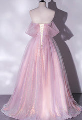 Shiny tulle sequins long pink prom dress A-line evening dress