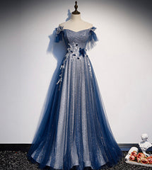 Shiny tulle sequins long prom dress blue evening dress