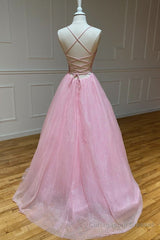 Shiny V Neck Backless Pink Long Prom Dress, Backless Pink Formal Graduation Evening Dress