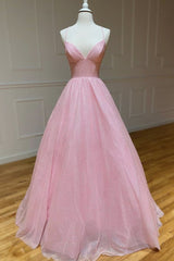 Shiny V Neck Backless Pink Long Prom Dresses, Formal Graduation Evening Dresses