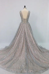 Shiny V Neck Open Back Champagne Long Prom Dresses, Champagne Formal Graduation Evening Dresses