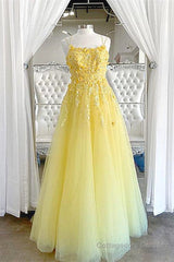 Shiny Yellow Lace Floral Prom Dresses, Shiny Yellow Lace Floral Formal Evening Dresses