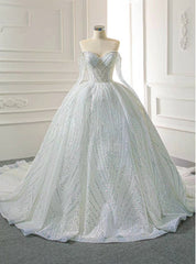 Shop Designer White Ball Gown Heavy Work Long Sleeve Tulle Sequins Wedding Dresses