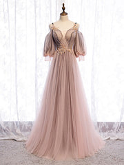 Shop Half Sleeve Dusty Pink Straps See Through Appliques Prom Dresses Under 135