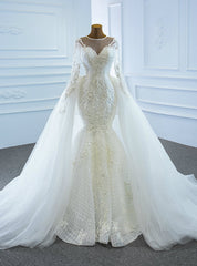 Shop This Selection Of White Mermaid Tulle Embroidery Appliques Long Sleeve Wedding Dresses With Removable Train