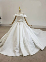 Shop White Ball Gown Satin Off the Shoulder Pleats Beading Wedding Dresses