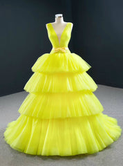 Shop Yellow Ball Gown Tulle Deep V-neck Pleats Prom Dresses With Bow