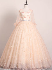 Shops Around The World Champagne Pink Ball Gown Tulle V-neck Long Sleeve Flower Quinceanera Dresses