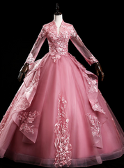 Shops Around The World Pink Ball Gown Tulle Appliques Long Sleeve Backless Quinceanera Dresses