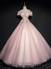 Shops Around The World Pink Ball Gown Tulle Appliques Off the Shoulder Short Sleeve Quinceanera Dresses