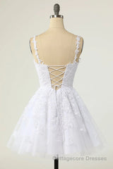 Short A-line V-neck Tulle Lace Backless Prom Dress white Homecoming Dresses