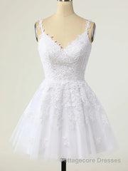 Short A-line V-neck Tulle Lace Backless Prom Dress white Homecoming Dresses