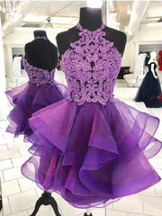 Short Backless Purple Organza Lace Prom Dresses, Short Purple Lace Formal Homecoming Dresses