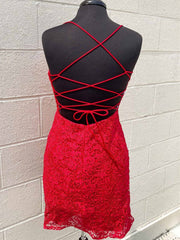 Short Backless Red Lace Prom Dresses, Open Back Short Red Lace Formal Homecoming Dresses