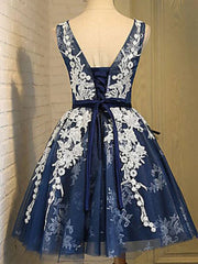 Short Dark Navy Blue Prom Dress with White Lace, Short Dark Navy Blue Graduation Homecoming Dresses