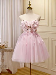 Short Pink Floral Prom Dresses, Short Pink Floral Formal Homecoming Dresses