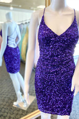 Short Purple Sequined V-Neck Party Dresses Homecoming Dresses