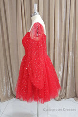 Short Red Long Sleeves Tulle Prom Dresses, Short Red Long Sleeves Formal Homecoming Dresses