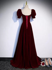 Short Sleeves Burgundy Long Prom Dresses, Wine Red Long Formal Evening Dresses