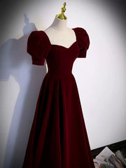 Short Sleeves Burgundy Long Prom Dresses, Wine Red Long Formal Evening Dresses