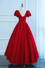 Short Sleeves Dark Red Long Prom Dresses, Dark Red Long Formal Evening Dresses