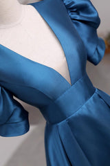 Short Sleeves Peacock Blue Long Prom Dresses, Peacock Blue Long Formal Evening Dresses