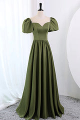 Short Sleeves Scoop Neck Dark Green Satin Prom Dresses, Short Sleeves Green Formal Evening Dresses