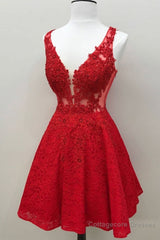 Short V Neck Lace Prom Dresses, Short Red V Neck Lace Homecoming Graduation Dresses